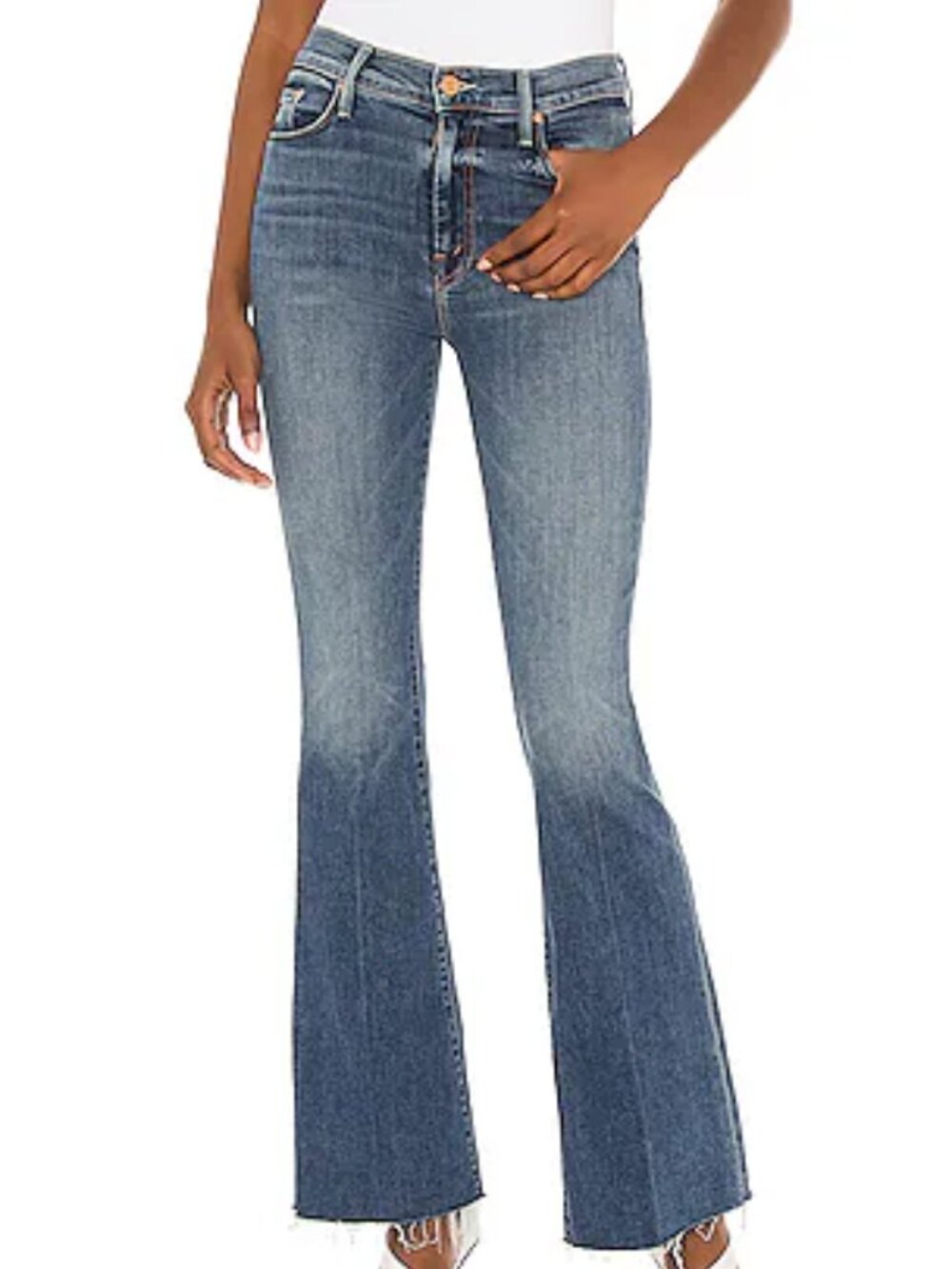 MOTHER The Weekender Fray Distressed Flare Jeans Medium Wash